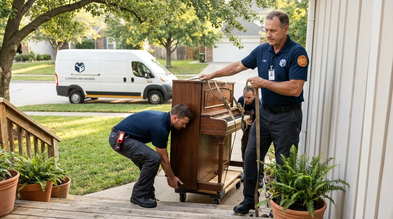 Licensed piano movers securing grand piano in Edmond, OK