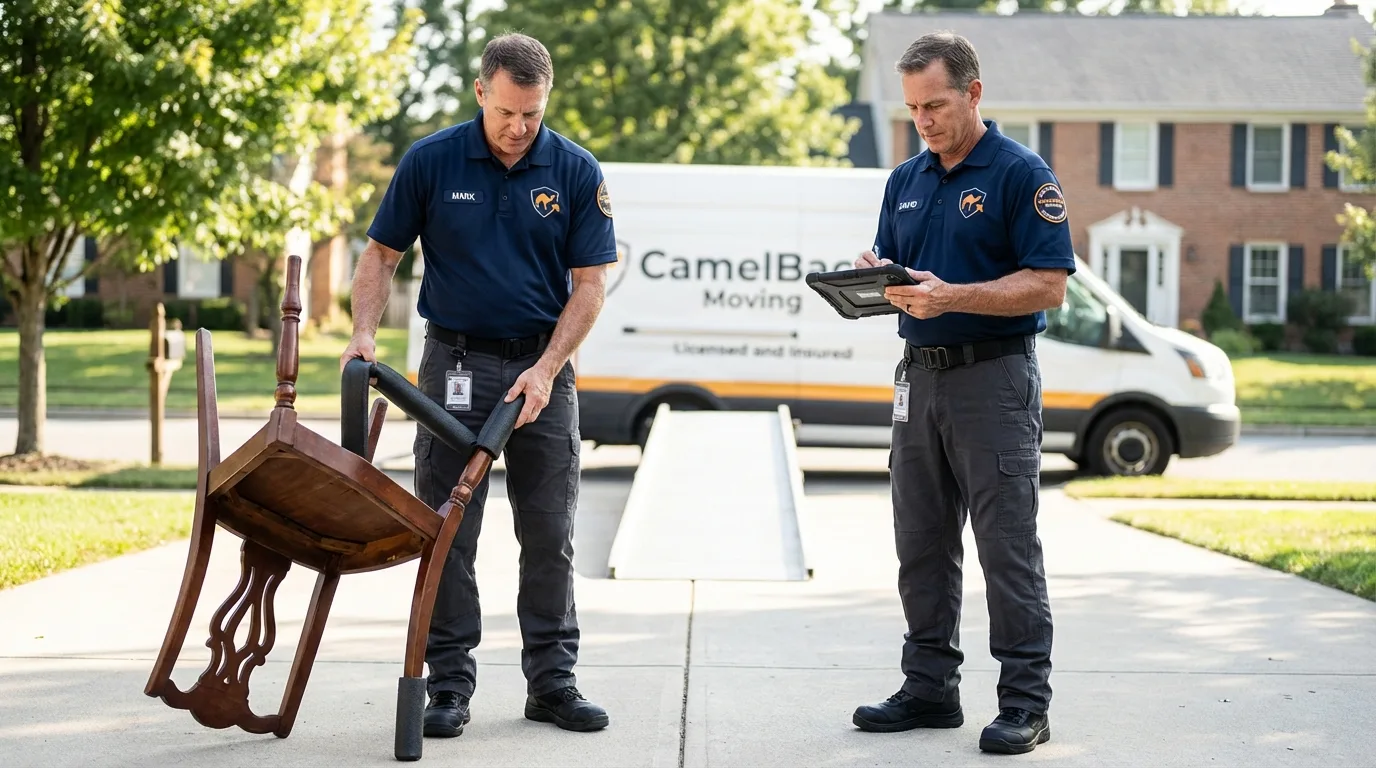 Movers inspecting furniture for damage prevention before loading in Edmond, OK