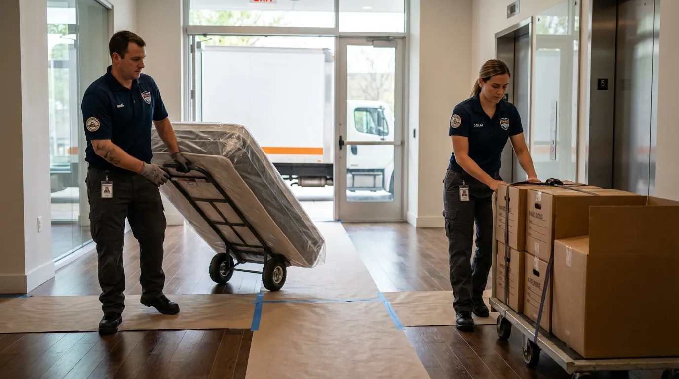 Professional apartment movers loading elevator in Edmond, OK